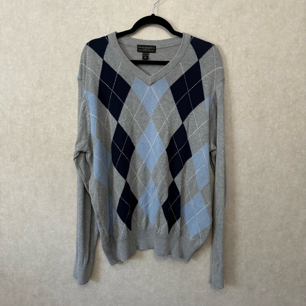 Steve & Barry's 100% Cotton Blue & Gray Argyle Lightweight Sweater Men's Size XL